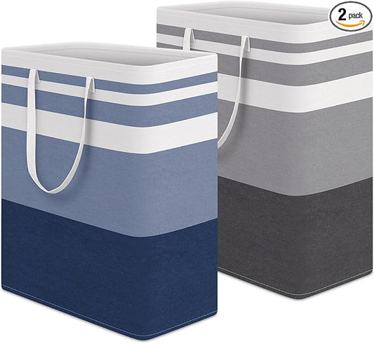 HomeHacks 2 Pack Large Laundry Baskets, Waterproof, Freestanding Laundry Hampers, Collapsible Clothes Hamper with Reinforced Handles in Laundry, College Dorm, Bathroom, Bedroom (Grey+Blue, 125Lx2)