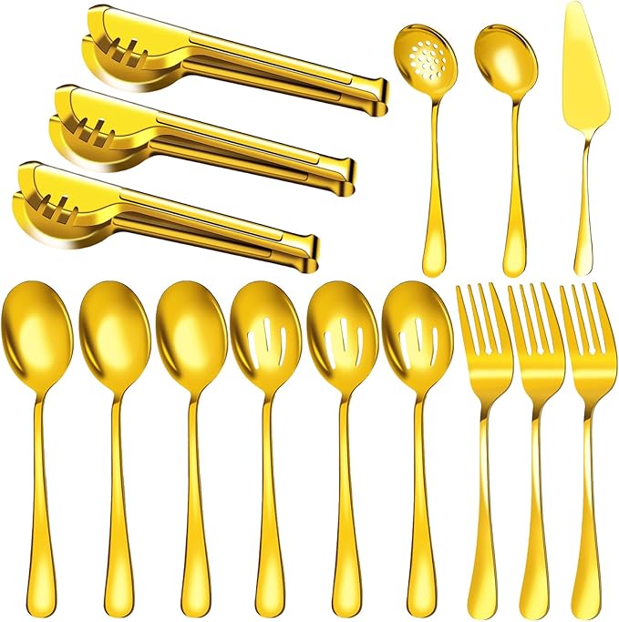 Serving Utensils, 15 Pcs Stainless Steel Large Flatware Serving Tools Kit, Included Spoons, Forks, Tongs, Slotted Spoon, Ladle, Cake Server for Kitchen Catering Banquet Wedding Buffet Party, Gold