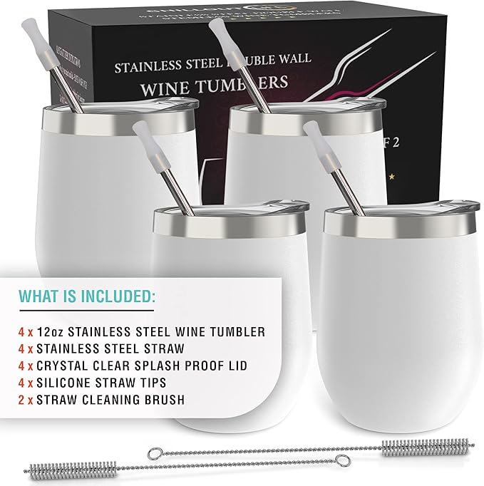 CHILLOUT LIFE 12 oz Stainless Steel Wine Tumblers 4 Pack - Double Wall Vacuum Insulated Wine Glasses Cups with Lids and Straws Set Keeping Cold & Hot for Coffee, Beer, Ice Cream - Powder Coated White