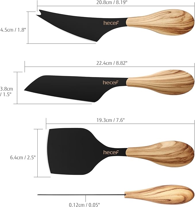 hecef Cheese Knife Set of 3, Includes Pronged, Hard Cheese & Chisel Knife, Matte Black Stainless Steel Knives with Wood Grain Handles, Cheese Tools for Charcuterie Boards, Entertaining