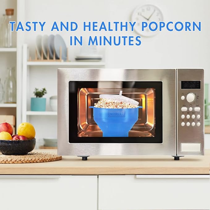 The Original Korcci Microwaveable Silicone Popcorn Popper, Microwave Popcorn Popper, Collapsible Microwave Popcorn Maker Bowl, No Oil Required, Use In Microwave, Dishwasher Safe (Light Blue)