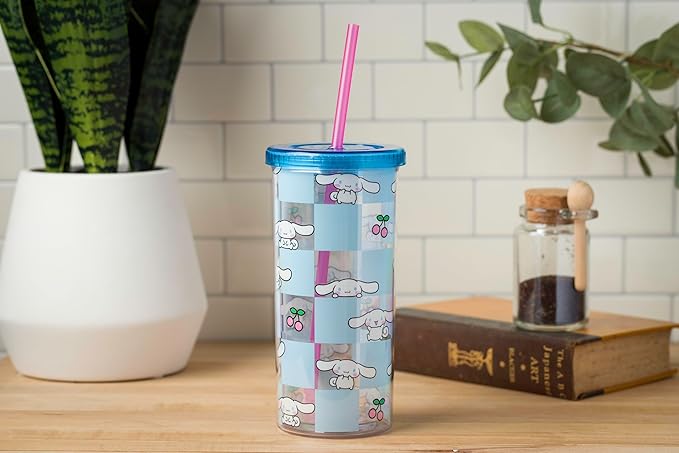 Silver Buffalo Sanrio Hello Kitty and Friends Cinnamoroll Cherry Blue Checkered Plastic Cold Cup with Lid and Straw, 20 Ounces