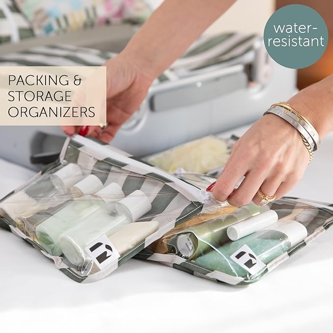 Roamio Travel Bag, Toiletry, TSA Approved Pouch, Zip Quart Size Airline Compliant, Clear-Sided, Baby, Diaper Bag Organization, Makeup, Accessories, Carry On Packing, Set of 3 Sizes, Green Stripe