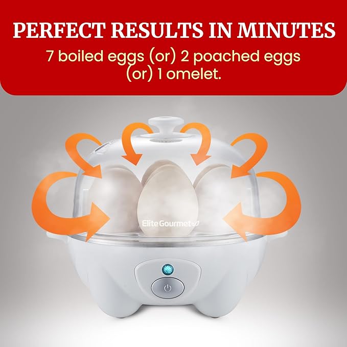 Elite Gourmet EGC-007 Rapid Egg Cooker, 7 Easy-To-Peel, Hard, Medium, Soft Boiled Eggs, Poacher, Omelet Maker, Auto Shut-Off, Alarm, 16-Recipe Booklet, White