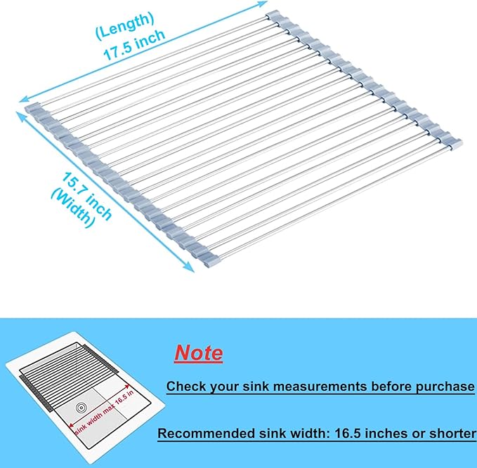 Roll Up Dish Drying Rack Over Sink Over The Sink Dish Drying Rack Kitchen Dish Drainer, Folding Dish Rack for Kitchen Sink Counter Stainless Steel Mat Foldable Dish Dryer Racks 17.5" x 13.7"