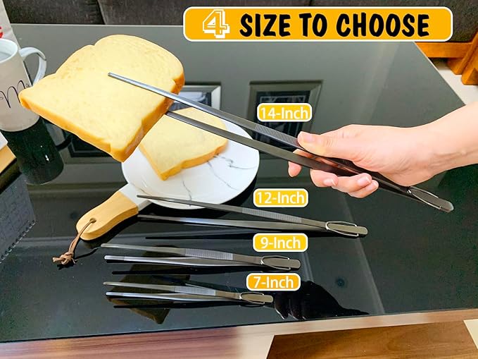 JETKONG 14-Inch Long Stainless Steel Thin Tongs Heavy Duty Kitchen Cooking Tweezers Tongs, Set of 3 (14 14 14 Inch, Black)