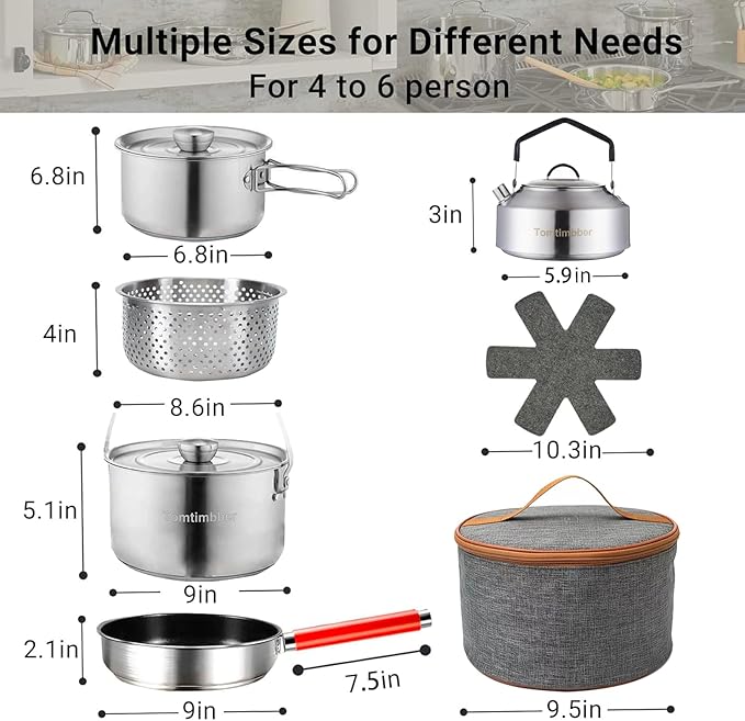 Camping Cookware Set 304 Stainless Steel Cooking Pots Pan Set with Travel Tote Bag for Camping Outdoor Kitchen Cooking Picnic for 4-6