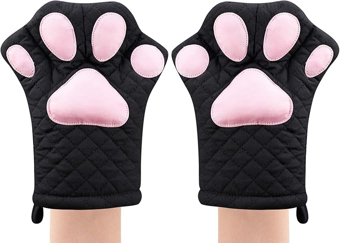 Oven Mitts,Cat Design Heat Resistant Cooking Glove Quilted Cotton Lining- Heat Resistant Pot Holder Gloves for Grilling & Baking Gloves BBQ Oven Gloves Kitchen Tools Gift Set BBQ,Microwave (Black)