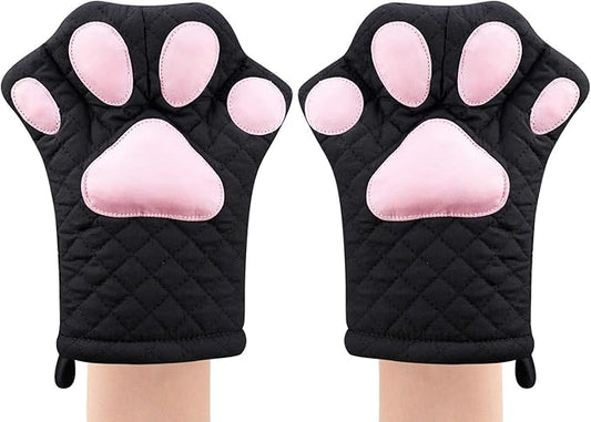 Oven Mitts,Cat Design Heat Resistant Cooking Glove Quilted Cotton Lining- Heat Resistant Pot Holder Gloves for Grilling & Baking Gloves BBQ Oven Gloves Kitchen Tools Gift Set BBQ,Microwave (Black)