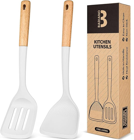Silicone Wok Spatula Turner Set, Perfect for Scooping, Flipping, Lifting Pancakes and Picking up Veggies, BPA-Free Matte Silicone, Wooden Handles, Safe for Nonstick Cooking Surfaces (White)