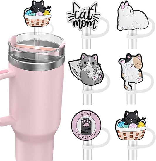 6PCS Straw Covers for Stanley Cup Tumbler 30 oz / 40 oz Leak Proof Straw Toppers 10mm Silicone Cute Caps for Stanley Cup Accessories-Cute Cat