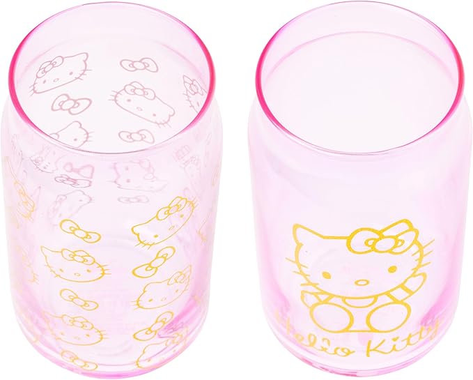 Silver Buffalo Sanrio Hello Kitty Gold 2 Pack Pink Glass Jar Tumbler with Bamboo Lid and Glass Straw, 16 Ounces