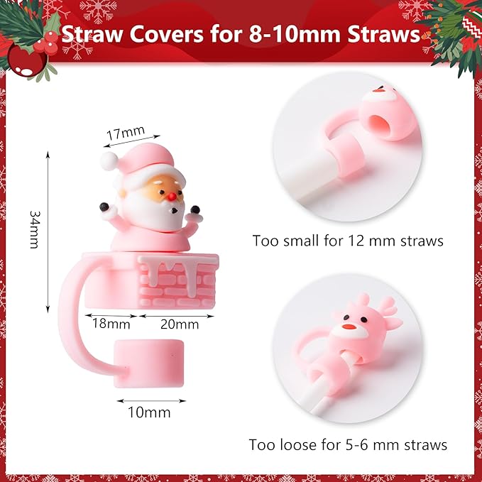 6Pcs Christmas Pink Straw Cover Cap for Stanley Cup 40oz/30oz Tumbler, 10mm Reusable Cute Drinking Straw Topper Accessories, Portable Protector Plugs Decorations Gifts for Party Christmas