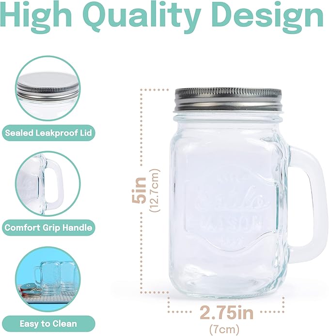 Estilo Mason Jar, 16 oz, Set of 6, Glass Drinking Cups with Handles, Tin Lids, Overnight Oats Jars, Smoothie Cups