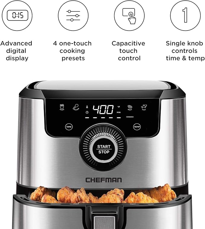 CHEFMAN Air Fryer Healthy Cooking, 4.5 Qt,User Friendly and Dual Control Temperature, Nonstick Stainless Steel, Dishwasher Safe Basket, w/ 60 Minute Timer & Auto Shutoff