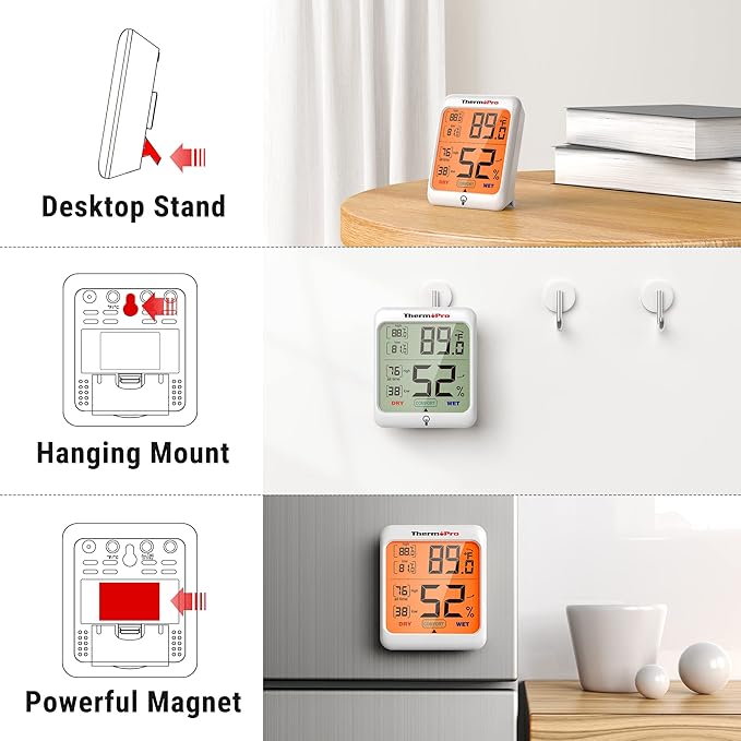 ThermoPro TP53 2 Pack Digital Hygrometer Indoor Thermometer for Home, Temperature Humidity Sensor with Comfort Indicator & Max Min Records, Room Thermometer Humidity Meter with Backlight Display