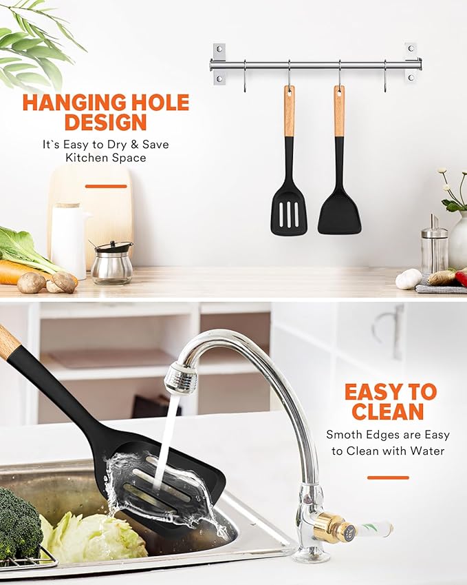 Silicone Wok Spatula Turner Set, Perfect for Scooping, Flipping, Lifting Pancakes and Picking up Veggies, BPA-Free Matte Silicone, Wooden Handles, Safe for Nonstick Cooking Surfaces (Black)