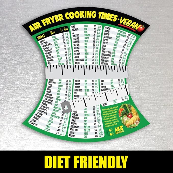 Air Fryer Cheat Sheet Magnet, Vegan Edition - Air Fryer Cooking Times Chart for 100 Vegan Food Items - Magnetic Airfry Guide for Vegetarian Cookbooks and Recipes - Plant Based Diet Airfryer Accessory