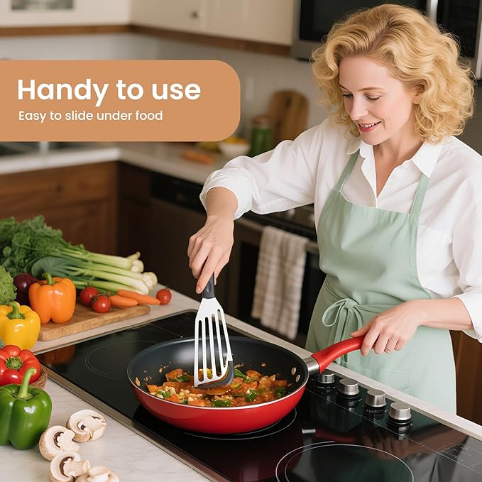 2Pack Silicone Fish Spatulas for Nonstick Cookware,Fish Turner Spatula Stainless Steel with Heat Resistant Silicone Edge,Metal Slotted Spatula for Flipping Fish Egg Patties Fries Pancake Steak (Black)