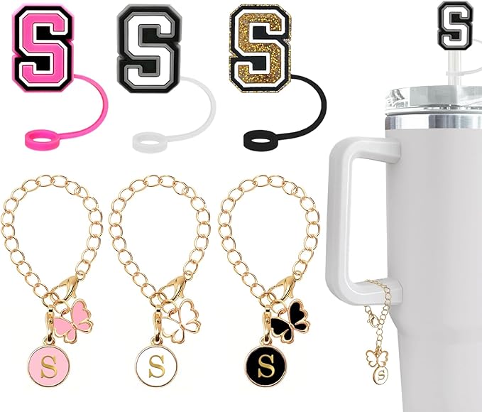 （3 +3) Nuozme Straw Cover Compatible with Stanley Tumbler Cup 3PCS Letter Straw Caps Toppers with 3 Initial Butterfly Charms Name ID For Stanley 30&40 Oz Cup