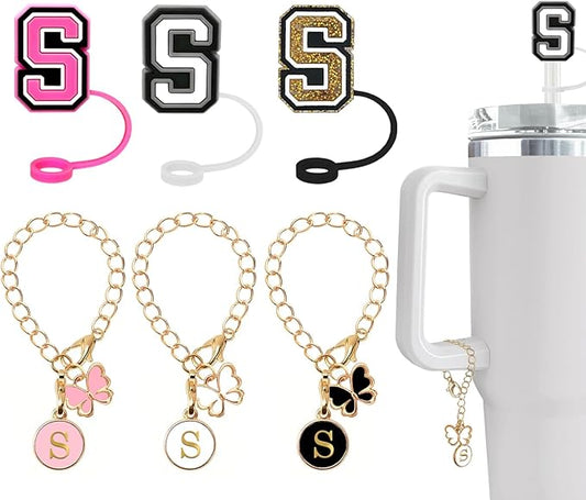 （3 +3) Nuozme Straw Cover Compatible with Stanley Tumbler Cup 3PCS Letter Straw Caps Toppers with 3 Initial Butterfly Charms Name ID For Stanley 30&40 Oz Cup