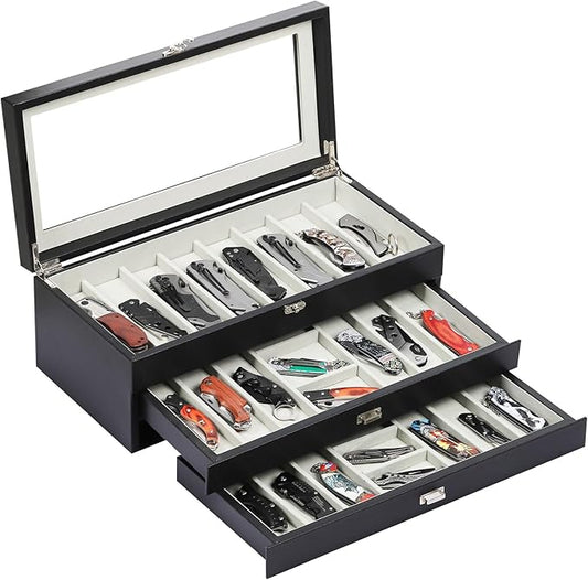 AUTOARK 3-Tier PU Leather & Velvet Knife Organizer with 26 Slots,Transparent Glass Top & Drawer,Compact Storage for Pocket Knives,Ideal for Men's Collections & Gifts,Black,MKAW016