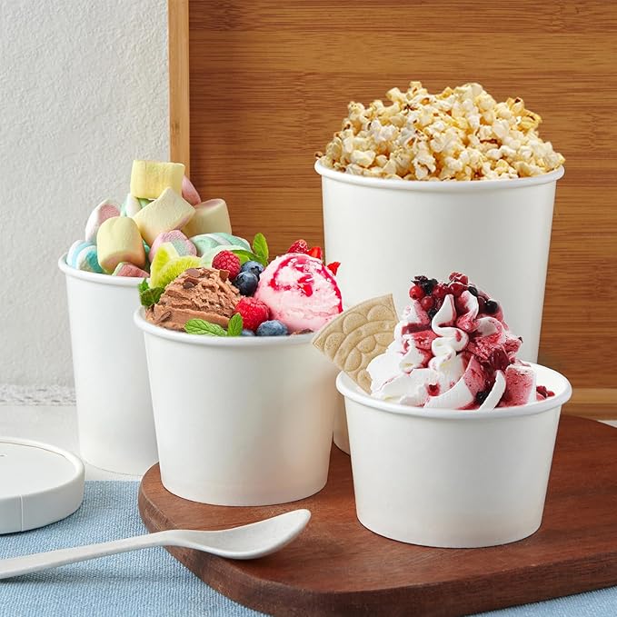 JOLLY PARTY 50pack 12oz Paper Soup Containers with Lids, Disposable Paper Food Cups, Ice Cream Cups, Food Storage with Lids, Microwavable and Freezer Safe, Suitable for Christmas Thanksgiving(White)