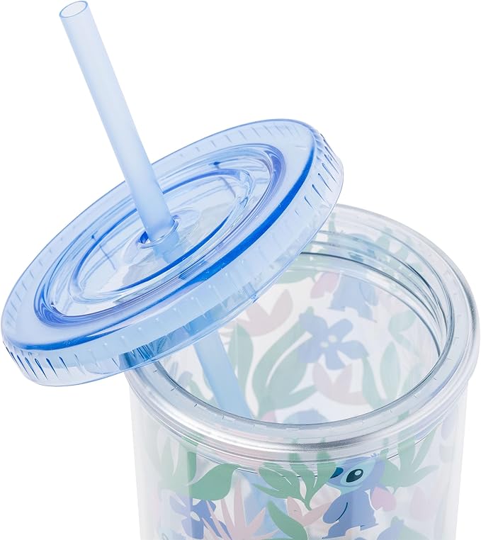 Silver Buffalo Disney Lilo and Stitch Cute Floral and Leaves Pattern Plastic Tall Cold Cup with Lid and Straw, 20 Ounces