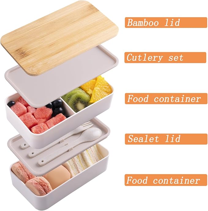 Japanese Bamboo Bento Box with Compartments and Utensils Stackable Lunch Box Includes Lunch Bag for Meal Prep Beige