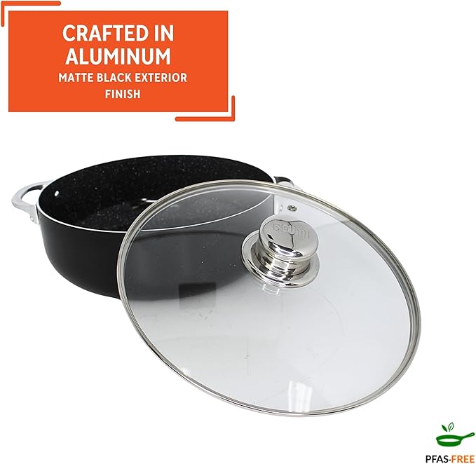 IMUSA 6.9Qt Bistro-Cera Aluminum Speckled Black Ceramic Caldero with Glass Lid, Nonstick Dutch Oven Pot for Rice, Family Meals, and Traditional Cooking, Black