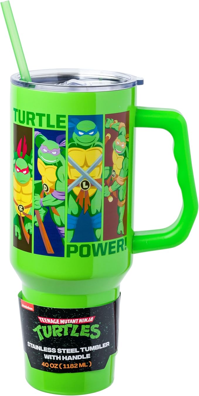 Silver Buffalo Teenage Mutant Ninja Turtles Turtle Power Stainless Steel Tumbler with Handle Featuring Leonardo, Donatello, Raphael, and Michelangelo, Fits in Standard Cup Holder, 40 Ounces