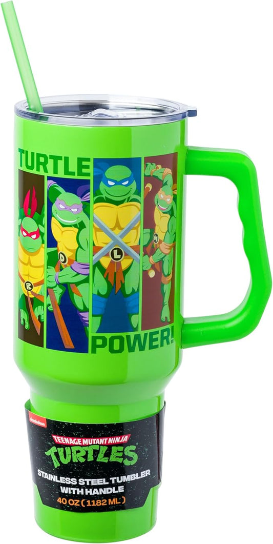 Silver Buffalo Teenage Mutant Ninja Turtles Turtle Power Stainless Steel Tumbler with Handle Featuring Leonardo, Donatello, Raphael, and Michelangelo, Fits in Standard Cup Holder, 40 Ounces