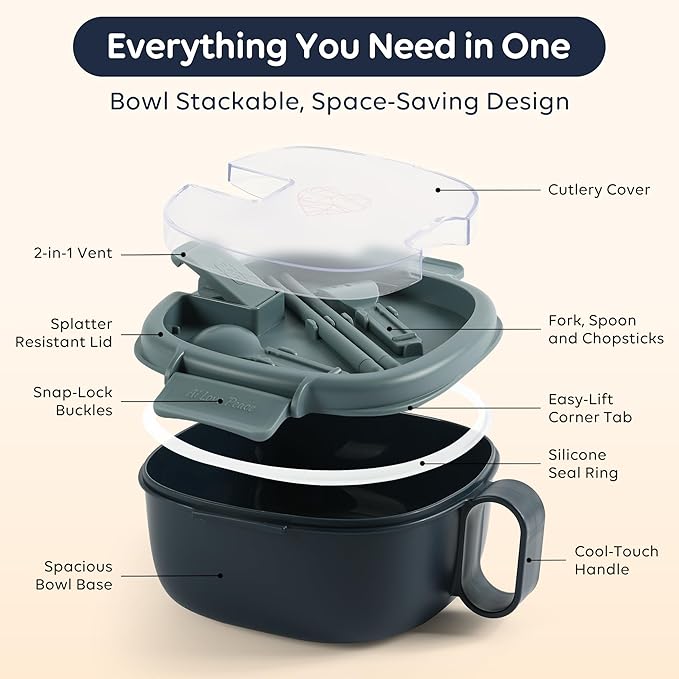 AI LOVE PEACE Microwavable Ramen Bowl with Lid - Leakproof Noodle Container with Built-In Utensils, BPA-Free, Dishwasher & Freezer Safe [Navy]