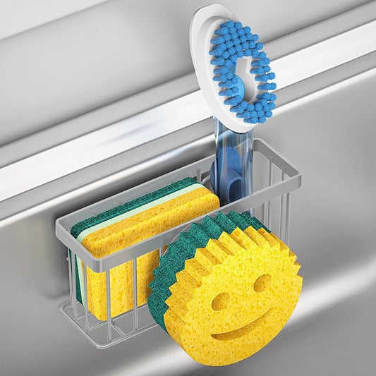 Sponge Holder Smiley Face,Sink Caddy,Kitchen Organizer with 2 Suction Cups/1 Adhesive Strips,Designed for Sponge,Soap,Dish Brush,Scrubber - Gray