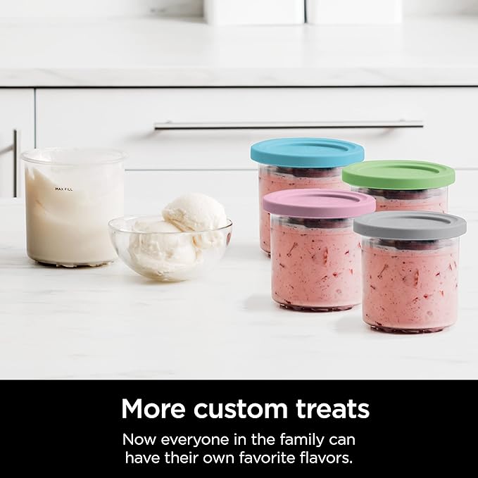 Ninja Creami Pints 4 Pack, Compatible with NC299AMZ & NC300s Series Creami Ice Cream Makers, Genuine Ninja Pint, BPA-Free & Dishwasher Safe, Color Lids, Clear/Grey/Lime/Pink/Aqua, XSKPLD4BCD