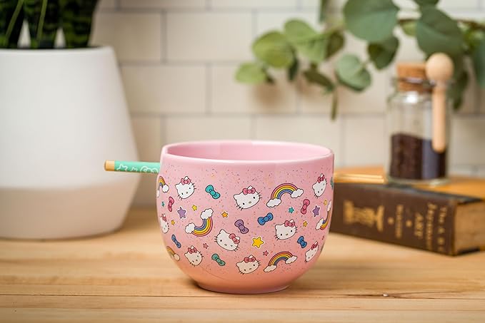 Silver Buffalo Sanrio Hello Kitty Bows Stars Rainbow Pattern Ceramic Ramen Noodle Rice Bowl with Chopsticks, Microwave Safe, 20 Ounces