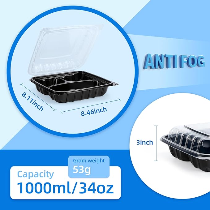 YANGRUI Plastic Containers 8" 34 oz 25 Pack - Reusable Anti Fog Crystal Lid | BPA Free PP Freezer & Microwave Safe Shrink Wrap To Go Box | Black Restaurant Hotel Grade 3 Compartment Takeout Container