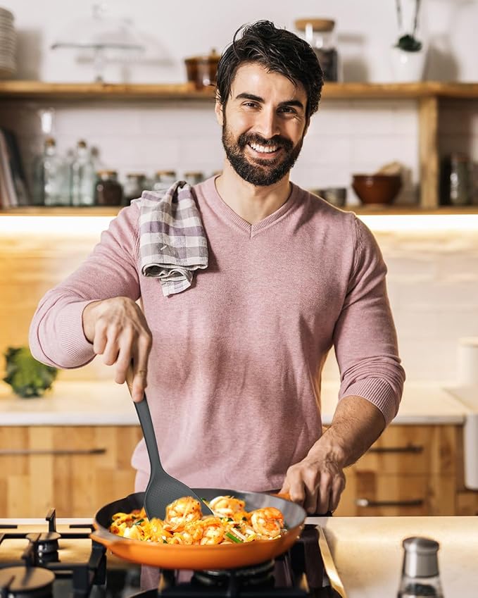 Silicone Wok Spatula Turner Set, Perfect for Scooping, Flipping, Lifting Pancakes and Picking up Veggies, BPA-Free Matte Silicone, Wooden Handles, Safe for Nonstick Cooking Surfaces (Grey)