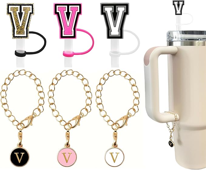 （3 +3) 3PCS Nuozme Straw Cover 10mm For Stanley Tumbler Cup Reusable Straw Cap Topper with 3 Initial Letter Charms Accessories Name ID Personalized Handle Charm For Stanley 30&40 Oz Cup Tumbler