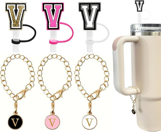 （3 +3) 3PCS Nuozme Straw Cover 10mm For Stanley Tumbler Cup Reusable Straw Cap Topper with 3 Initial Letter Charms Accessories Name ID Personalized Handle Charm For Stanley 30&40 Oz Cup Tumbler