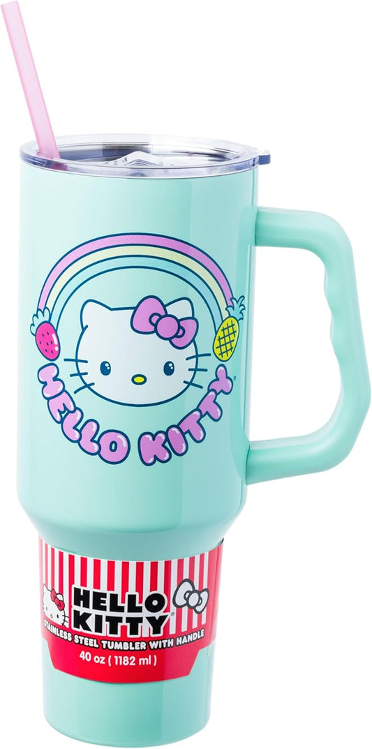 Silver Buffalo Sanrio Hello Kitty Kawaii Strawberry, Pineapple, and Rainbows Stainless Steel Tumbler with Handle and Straw, Fits in Standard Cup Holder, 40 Ounces (Pack of 12)