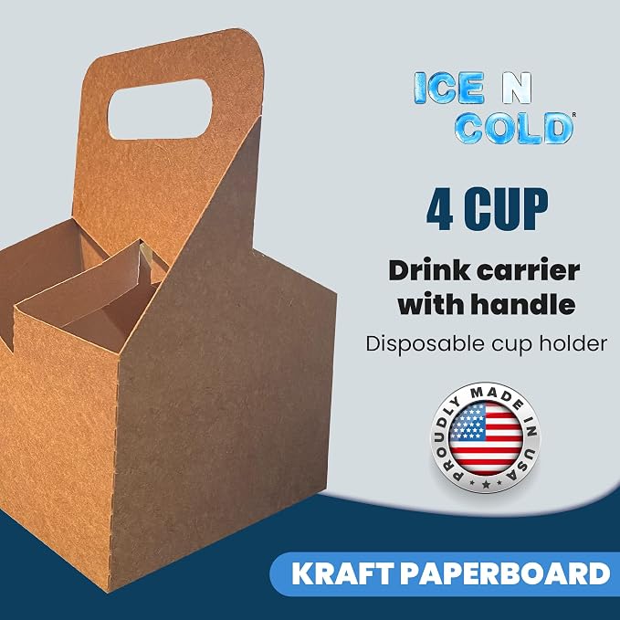4 Cup Drink Carrier with Handle | Kraft Paperboard Holder Disposable - Image 2