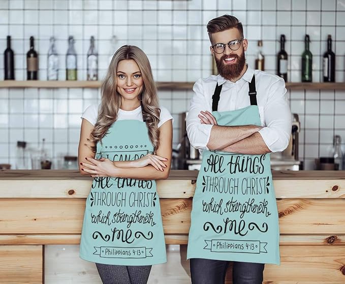 EKOBLA Bible Verse Aprons With I Can Do All Things Through Christ Christian Lettering Quote Waterproof Resistant Chef Cooking Kitchen BBQ Adjustable Aprons for Women Men 27x31 Inch