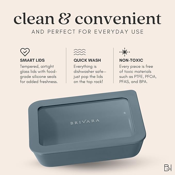 Ceramic Coated Glass Food Storage Container | No PTFE, PFOA, PFAS, and BPA | Reusable Non Toxic Meal Prep Container with Glass Lid | Easy To Store | 11 Cup Rectangle [Dusk]