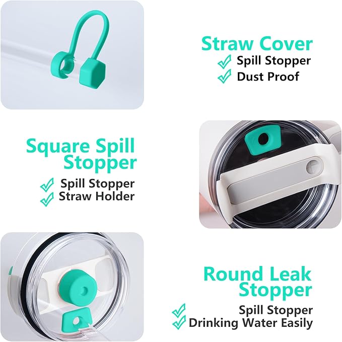 Silicone Spill Stopper Set Compatible with Stanley Cup 2.0 30oz & 40oz with Straw Cover (Set of 2, Tropical Teal)