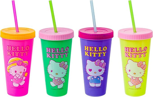 Silver Buffalo Sanrio Hello Kitty Summertime Gardening 4-Pack Color Changing Plastic Tumblers Includes Lid and Straw, 24 Ounces