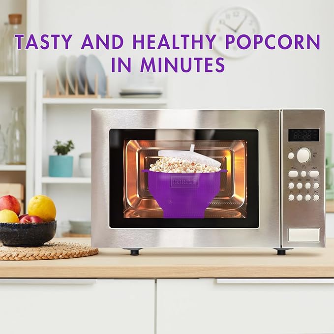 The Original Korcci Microwaveable Silicone Popcorn Popper, Microwave Popcorn Popper, Collapsible Microwave Popcorn Maker Bowl, No Oil Needed, Use In Microwave, Dishwasher Safe (Purple)