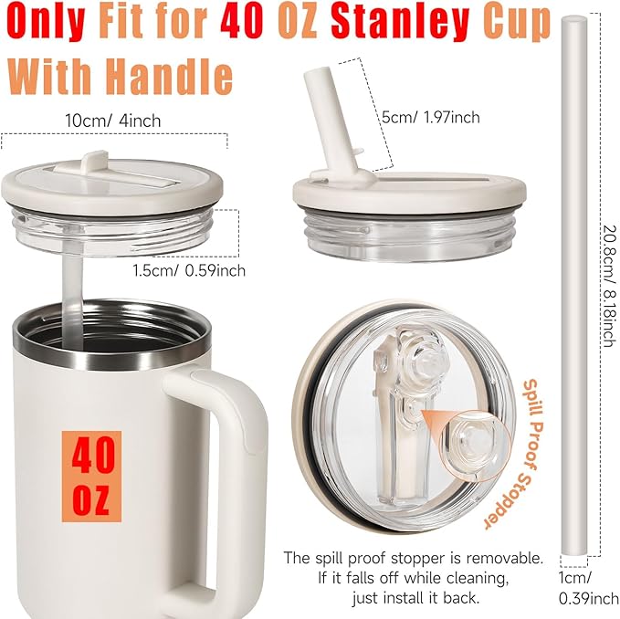 40oz Flip Straw Leak Proof Lid for Stanley H2.0 Quencher Protour Tumbler, 2 Pack Spill Proof Lid Replacement Straw Cover Top for 40 OZ Stanley Cup Accessories (White, Matcha)