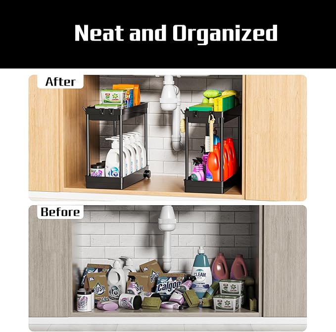 Under Sink Organizer, Under Cabinet Basket Organizer Drawer with Hooks, Bathroom Standing Rack, Multi-purpose Storage Shelf, Black