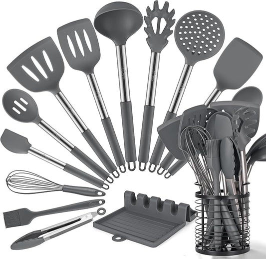 HOTEC 446°F Heat Resistant Silicone Kitchen Utensils, Cooking Utensil Set, Spatula Set, BPA Free, Kitchen Gadgets, with Stainless Steel Utensils Holder, Dishwasher Safe, 14pcs Grey